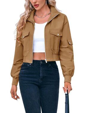 Women's Khaki Cropped Cargo Pockets Zip Up Stand Collar Fall Short Bomber Jacket